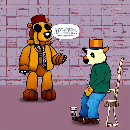 Image similar to “ freddy fazbear and paddington meet in londom in 1 9 8 7. ”