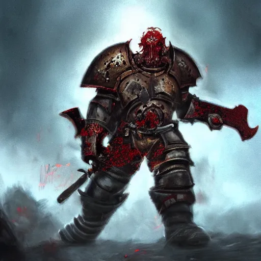 Prompt: champion of khorne in heavy armor holding a flaming sword, artstation hall of fame gallery, editors choice, #1 digital painting of all time, most beautiful image ever created, emotionally evocative, greatest art ever made, lifetime achievement magnum opus masterpiece, the most amazing breathtaking image with the deepest message ever painted, a thing of beauty beyond imagination or words