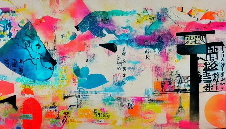 Image similar to Japan travel and adventure, minimalist negative space white acrylic base coat, mixed media collage painting by Jules Julien, Leslie David and Lisa Frank, muted colors with minimalism, neon color details