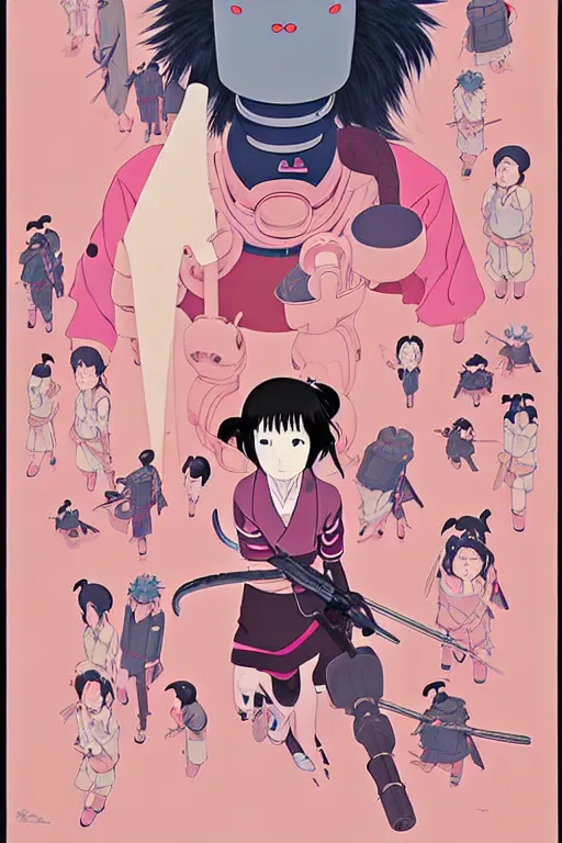 Image similar to Artwork by James Jean, Phil noto and studio ghibli ; (1) a young Japanese future samurai police lady named Yoshimi battles an (1) enormous evil natured carnivorous pink robot on the streets of Tokyo; Japanese shops and neon signage; crowds of people running; Art work by Phil noto and James Jean