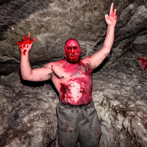 Image similar to big butcher man posing scarily, scary angry pose, covered in blood, fresh kill, cleaver, earie setting, in a cave, horror, hyperdetailed