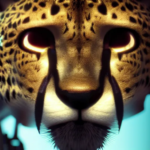 Prompt: closeup profile shot of a cybernetic cheetah, city lights, strong bokeh, dramatic, cinematic, high contrast, octane render, artstation, 4k