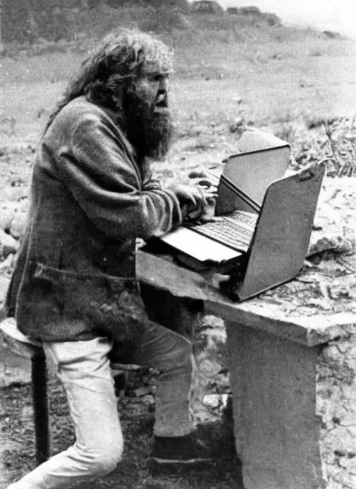 Image similar to old photo of a caveman using a laptop computer