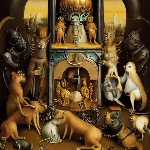 Image similar to anthropomorphic animals worshipping a monument to money, golden idol, by hieronymus bosch, ultra detailed, highly detailed, 8 k, trending on artstation, award - winning art,