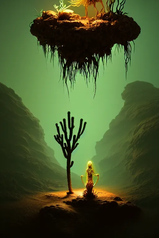 Prompt: dead god bioluminescent creature in a desert lush vegetation, warm tones, night, water reflection : : by michal karcz, daniel merriam, victo ngai and guillermo del toro : : ornate, dynamic, particulate, intricate, elegant, highly detailed, centered, artstation, smooth, sharp focus, octane render, 3 d