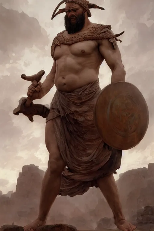 Prompt: ancient historically accurate depiction of the Bible Character Goliath of Gath, the Philistine warrior giant by frank miller, illustration by Ruan Jia and Mandy Jurgens and William-Adolphe Bouguereau, Artgerm, 4k, digital art, surreal, space dandy style, highly detailed, godsend, artstation, digital painting, concept art, smooth, sharp focus, illustration by Ruan Jia and Mandy Jurgens and William-Adolphe Bouguereau, Artgerm