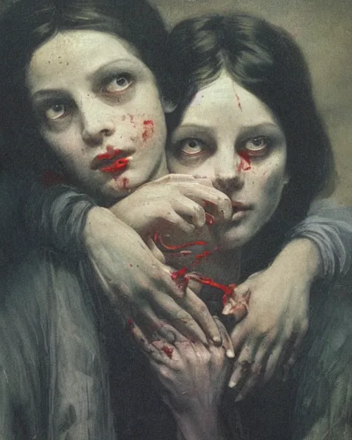 Prompt: a baroque painting of two beautiful but creepy siblings wearing oxford shirts in layers of fear, with haunted eyes and dark hair, 1 9 7 0 s, seventies, wallpaper, a little blood, morning light showing injuries, delicate embellishments, painterly, offset printing technique, by brom, robert henri, walter popp