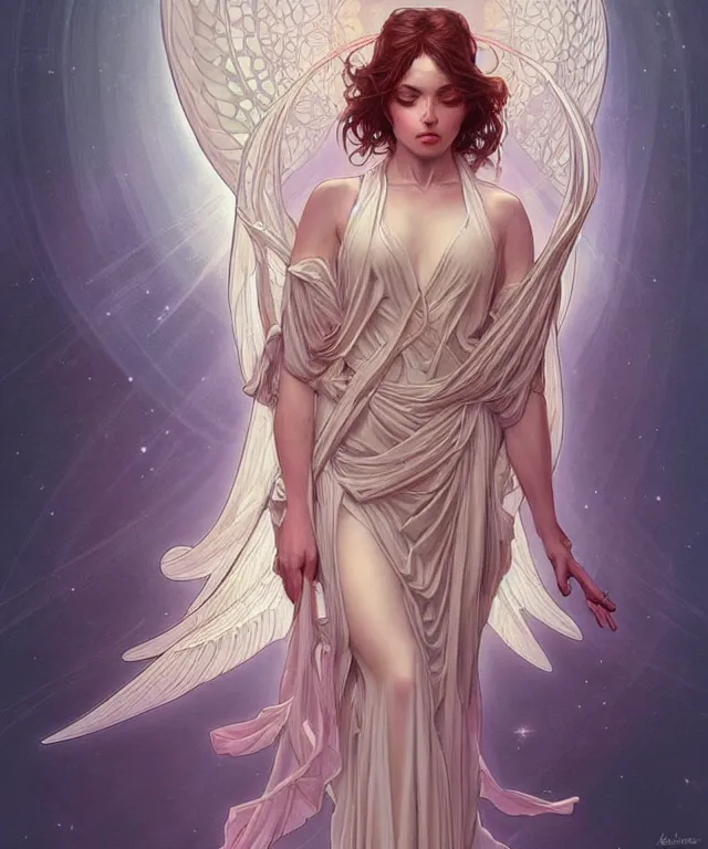 Image similar to beatiful woman is seeing an angelic version of her self, dark surrealism , scifi, intricate, elegant, highly detailed, artstation, concept art, smooth, sharp focus, illustration, art by artgerm and moebius and alphonse mucha