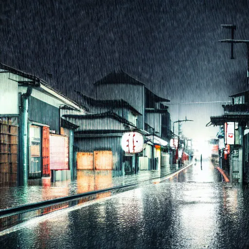 Prompt: The streets of a quiet rural Japanese town in the middle of a pouring rainstorm. ArtStation, 4k, Desktop Wallpaper. 35mm. Dark and rainy.