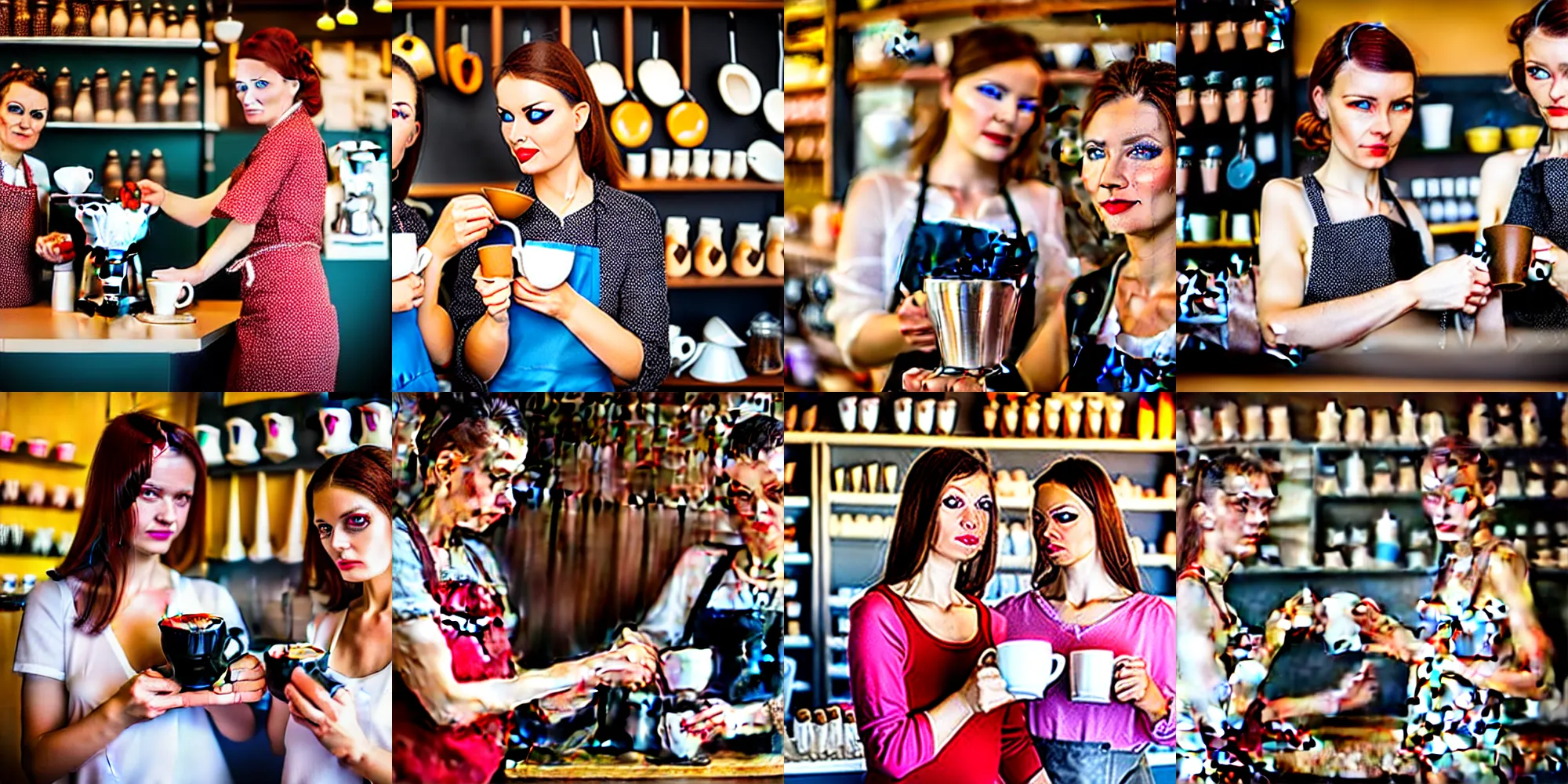 Prompt: professional photo two women creating a coffee in a shop very detailed eyes, Ukraine. professional photo