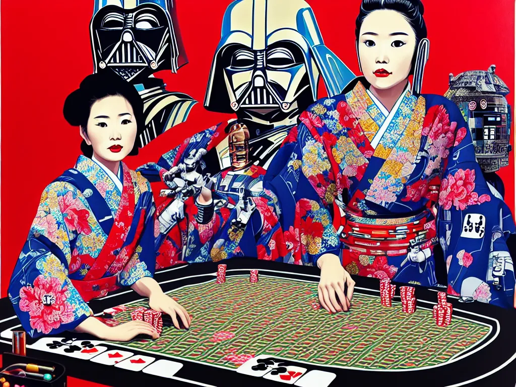 Image similar to hyperrealistic composition of the detailed woman in a japanese kimono with a c 3 p 0 robot head sitting at a extremely detailed poker table with darth vader, fireworks, mountain fuji on the background, pop - art style, jacky tsai style, andy warhol style, acrylic on canvas