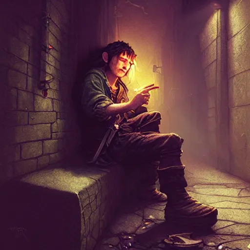 Prompt: Drug addict hobbit smoking in a dark alley, ultra realistic, concept art, intricate details, dark, highly detailed, photorealistic, octane render, 8k, unreal engine, art by artgerm and greg rutkowski and alphonse mucha