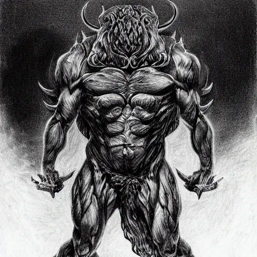 Prompt: full body grayscale drawing by Gustave Dore and Anato Finnstark of muscled horned humanoid beast, swirling flames