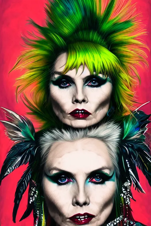 Prompt: portrait of debbie harry as a punk woman with green mohawk, neotraditional tattoos, fishnets, long tartan skirt as phoenix queen, feathers, wings, rainbow clothes,, sci - fi, intricate and very very beautiful and elegant, highly detailed, digital painting, artstation, smooth and sharp focus, illustration, art by tian zi and wlop and alphonse mucha