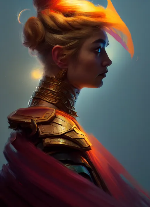 Prompt: side portrait, imogen poots, paladin, fantasy, gloomhaven, luminescent, organic painting, matte painting, bold shapes, hard edges, gaudy colors, octane render, unreal engine, by greg manchess, huang guangjian, greg rutkowski, jesper ejsing