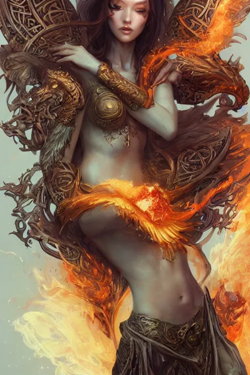 Image similar to beautiful girl sorcerer covered with fire and golden dragon skin, celtic rune tattoos, casting magic spell, angel, fantasy, magic the gathering, hyper detailed, 3 d render, hyper realistic detailed portrait, peter mohrbacher, wlop, ruan jia, luis royo