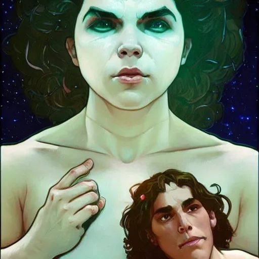 Image similar to beautiful moonlit Andre the Giant weeps at a cosmic revelation, art by artgerm and greg rutkowski and alphonse mucha