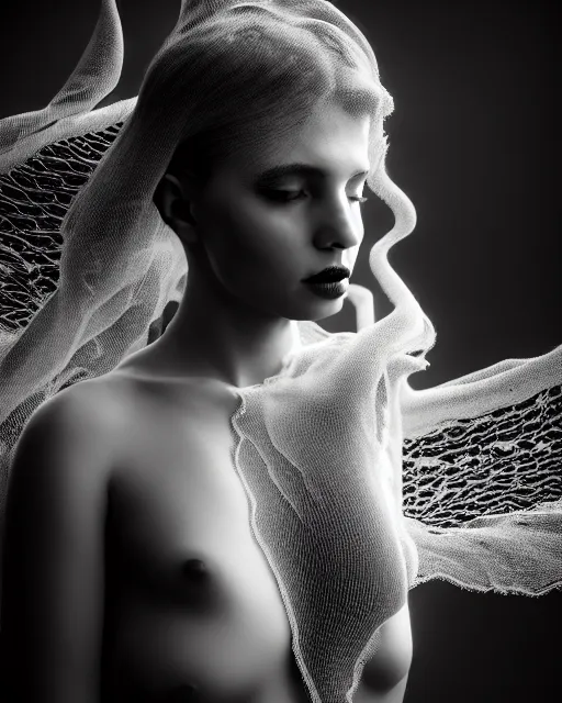 Image similar to surreal mythical dreamy dark artistic black and white fine art photo of a beautiful young female angel - mermaid - cyborg covered with translucent algae lace web, rim light, cinematic, studio dramatic light, poetic, octane render, 8 k, photo - realistic, by floria sigismondi