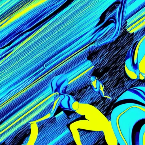 Prompt: man and wasp morphing in abstract surreal sketch style, blue and yellow gradient, noise, ultrafine detail, hd 8k