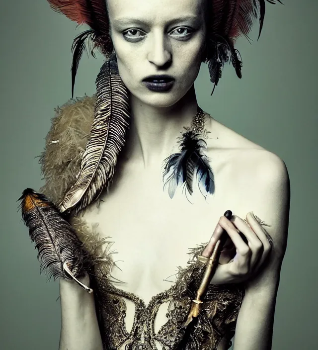 Image similar to photography portrait by paolo roversi of a feminine actress smoking wearing a ornate costume with feathers by iris van herpen, highly detailed, artstation, smooth, sharp foccus, artstation hq, skin grain detail, high detail, creativity in fashion design