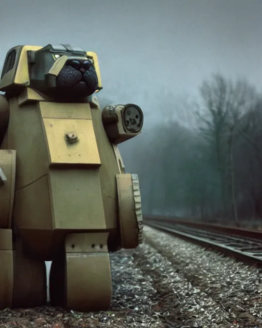 Image similar to giant oversized chubby bulky armored train pug dog robot mech, with big pug head , rocket launcher , on a village , Cinematic focus, fujicolor photo, vintage, neutral colors, soft lights, foggy, panorama by by Serov Valentin, by lisa yuskavage, by Andrei Tarkovsky