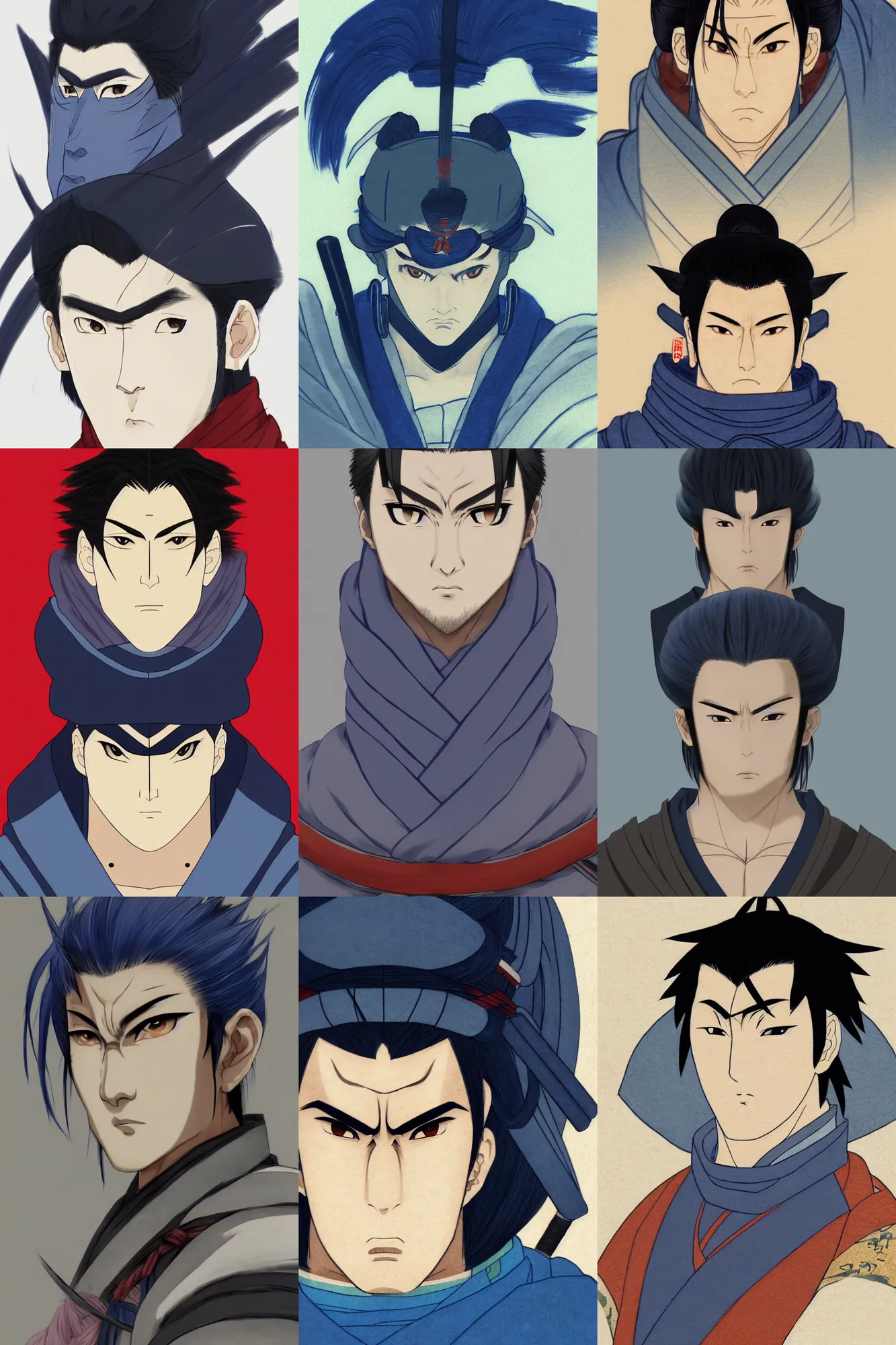 Prompt: face portrait of a handsome and muscular japanese ronin with masculine facial features, short messy hair, and wearing a haori, by arco wada, anime, fate grand order, cel - shaded, blue color palette, sengoku era, feudal japan, digital painting, unreal engine 5, rule of thirds, trending on artstation, cinematic, vibrant colors