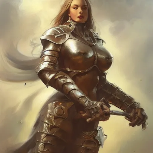 Prompt: A beautiful oil painting of a pretty old lady in armor of , by Lucas Graciano, Frank Frazetta, Greg Rutkowski, Boris Vallejo, epic, fantasy, character art, high fantasy