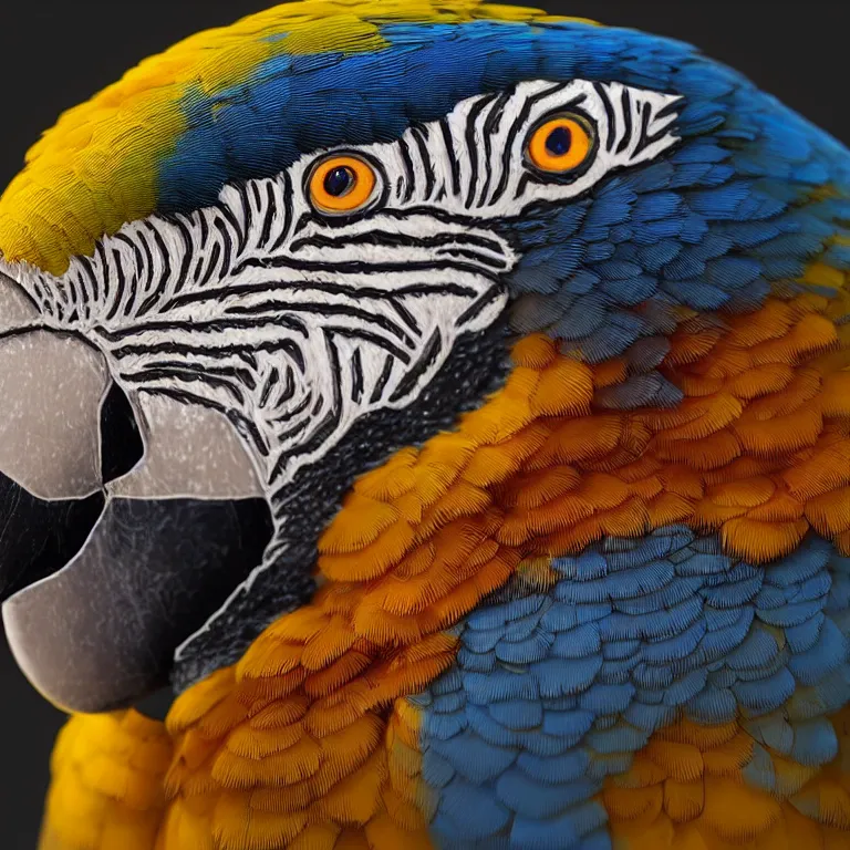 Image similar to octane render portrait by wayne barlow and carlo crivelli and glenn fabry, a single beautiful colorful blue and gold macaw, surrounded by shiny reflective aluminum foil, cinema 4 d, ray traced lighting, very short depth of field, bokeh