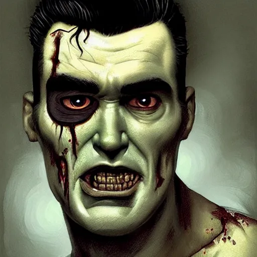 Image similar to portrait of a smooth skinned handsome zombie version of morrissey as a zombie with cuts and with a large quiff and thick eyebrows, 7 days to die zombie, realistic proportions, fine art, award winning, intricate, elegant, sharp focus, cinematic lighting, digital painting, 8 k concept art, art by brom, art by michael hussar, 8 k