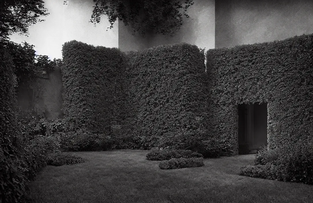 Image similar to sequestered corner of a garden within a castle walls line density is used for rendering light and shadow. forms exist in three dimensions, with height, width, and depth. intact flawless ambrotype from 4 k criterion collection remastered cinematography gory horror film, ominous lighting, evil theme wow photo realistic postprocessing excommunication directed by kurosawa