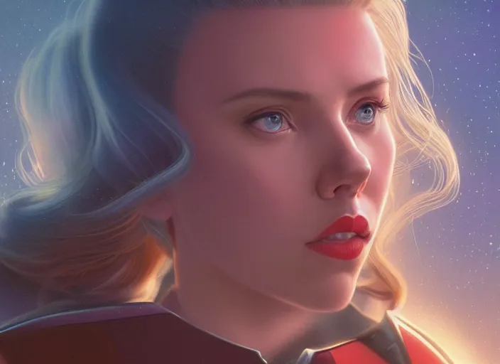 Image similar to a disney film still of scarlett johansson as a star trek officer, finely detailed features, closeup of the face, perfect art, dusk, blue hour, gapmoe yandere grimdark, trending on pixiv fanbox, painted by greg rutkowski, makoto shinkai, takashi takeuchi, alphonse mucha, akihiko yoshida