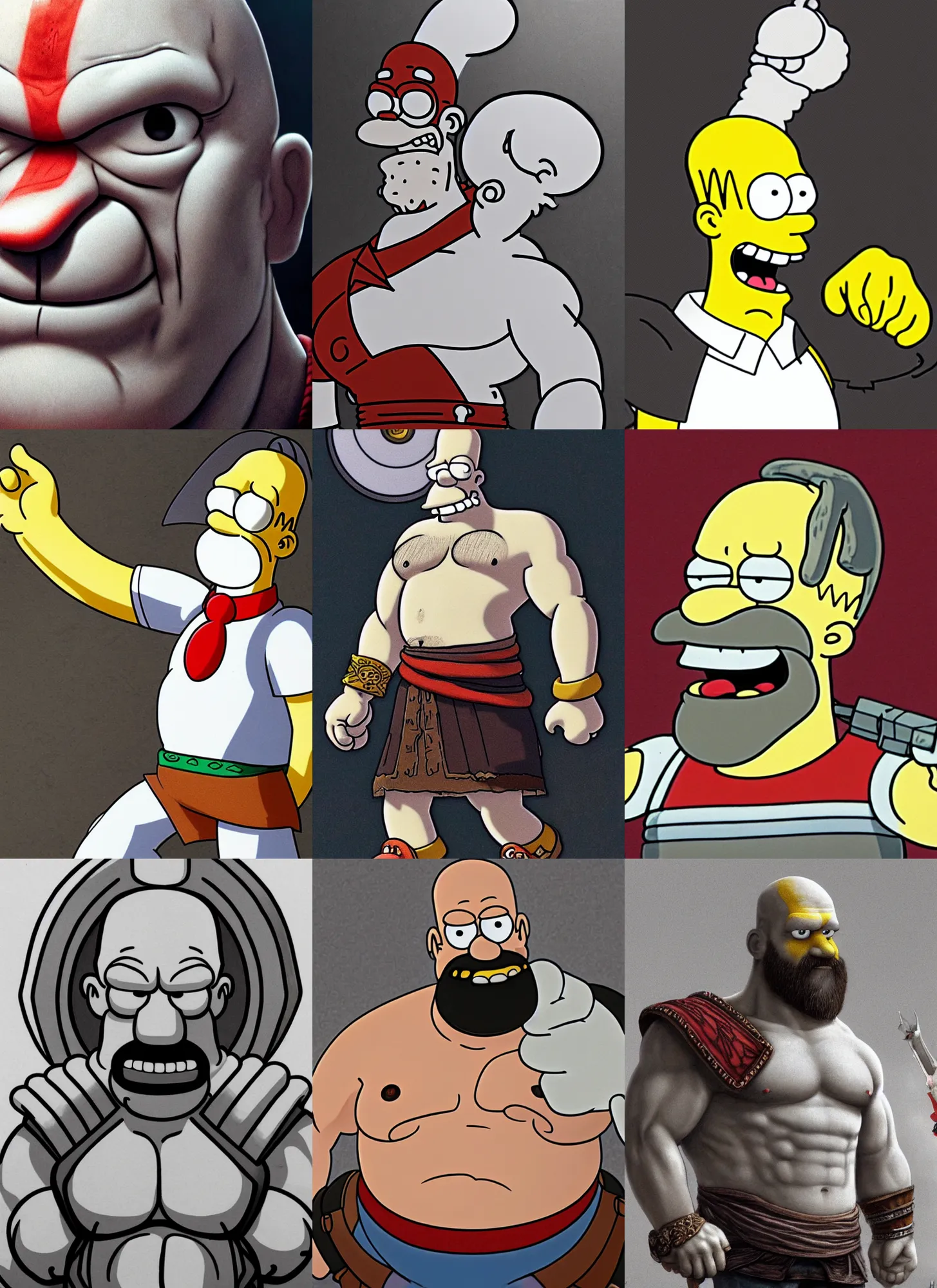 Prompt: chalk white Homer Simpson:: depicted as Kratos God of War, high detailed official artwork, Matt Groening art