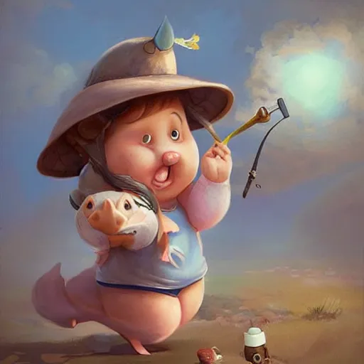 Image similar to cute little anthropomorphic funny female pig wearing shorts, a sunhat, boots and a pale blue shirt!! tiny!! fully clothed!!! small, short, cute and adorable, character art portrait, matte fantasy painting, deviantart artstation, by jason felix by steve argyle by tyler jacobson by peter mohrbacher, cinema