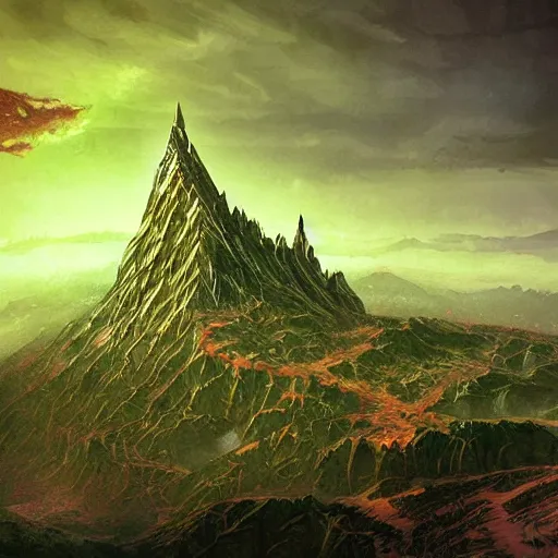 Image similar to green dwarven city carved into Erebor the Lonely Mountain from the Hobbit, by Marc Simonetti