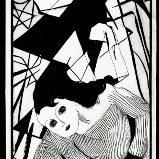 Prompt: the somnambulist from the cabinet of dr. caligari playing a large moog modular synthesizer, style of aubrey beardsley!!