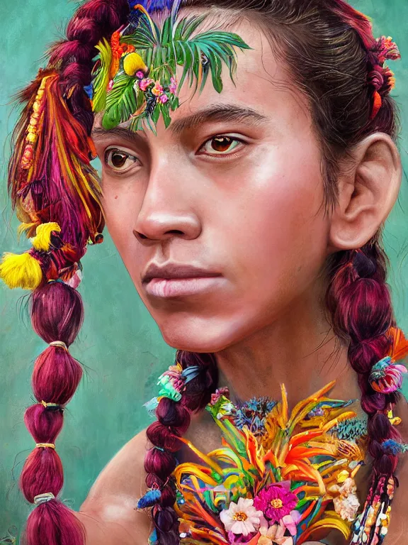 Image similar to beautiful portrait of a Subtropics minority female wearing fantastic Hand-dyed cotton dress, embellished beaded feather decorative fringe knots ,colorful pigtail,subtropical flowers and plants,symmetrical face,intricate,elegant, highly detailed, 8k,post-processing,digital painting, trending on artstation, concept art, sharp focus, illustration,by Steve McCurry and Tom Bagshaw and Daniel Gerhartz and Albert Aublet and Lawrence Alma-Tadema