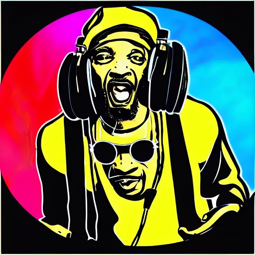 Image similar to svg sticker of a Dancing-Ben-Harper-Snoop-Spike-Lee-with-a-large-Afro-Puff, at a rave, spinning records, giant headphones rocking out, wearing headphones, huge speakers, dancing, rave, DJ, spinning records, digital art, amazing composition, rule-of-thirds, award-winning, trending on artstation, featured on deviantart