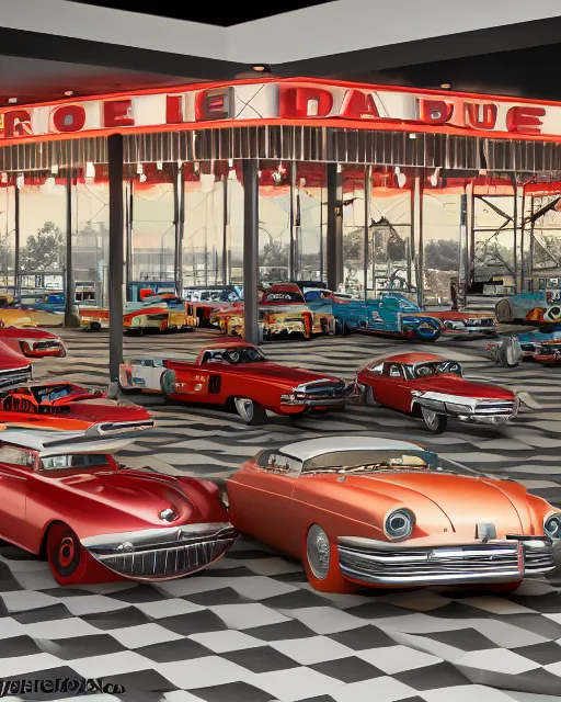 Image similar to indoors of car show pavilion with great cars of 1950s with stages like drive in and gas station, volumetric lighting, 1950s palette, hyper realism, high detail, octane render, high contrast , 8k