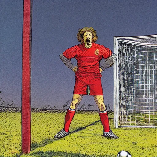 Image similar to a man laying on his back, a soccer goal behind him, a soccer in the net. Epic portrait by james gurney and mœbius.