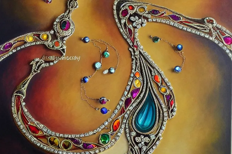 Image similar to highly detailed oil painting, front view, very realistic gemstones, art nouveau, ornate, delicate, brilliant precious gemstones necklace, necklace on display, dramatic light,