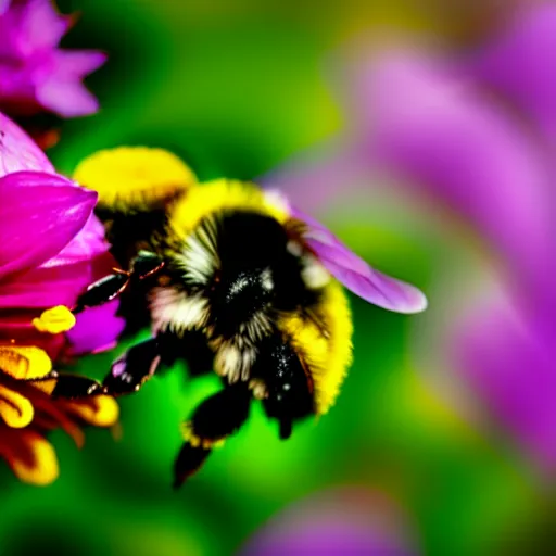 Image similar to a bumblebee made out of flowers, with floral anatomy, sits on a finger, 5 0 mm lens, f 1. 4, sharp focus, ethereal, emotionally evoking, head in focus, volumetric lighting, blur dreamy outdoor, inspired by giuseppe arcimboldo