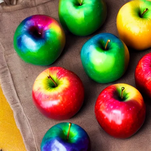 Prompt: rainbow metallic apples, cookbook photo