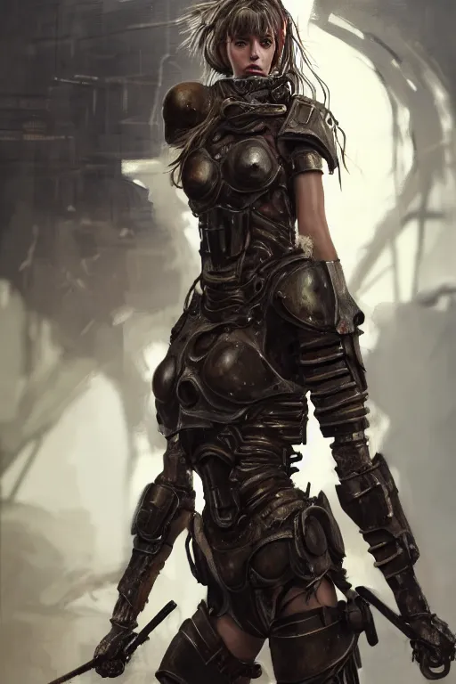 Prompt: a photorealistic painting of an attractive young girl, partially clothed in dirty metal-plated battle armor, spots of blood, olive skin, long dark hair, beautiful bone structure, symmetrical face, perfect eyes, intricate, elegant, digital painting, concept art, illustration, sharp focus, minimal artifacts, volumetric lighting, from Metal Gear, in the style of Ruan Jia and Mandy Jurgens and Greg Rutkowski, trending on Artstation, award winning