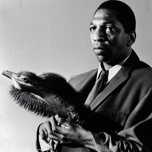 Prompt: john coltrane snuggling an ostrich