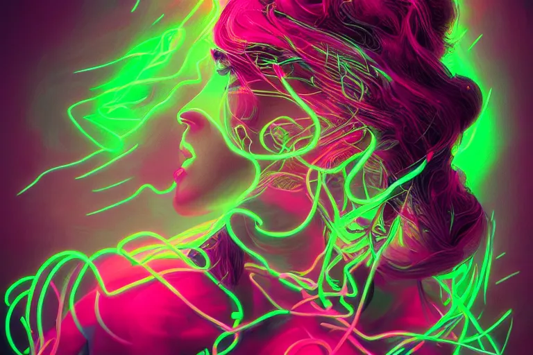 Image similar to photo of surreal medusa gorgo in neon lighting, elegant, highly detailed, smooth, sharp focus, trippy, dmt, psychedelic, illustration, beautiful, geometric, trending on artstation, cinematic, artwork by WLOP