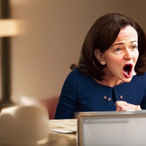 Prompt: Movie still of a screaming angry Sheryl Sandberg in Facebook The Movie (2017), directed by Steven Spielberg