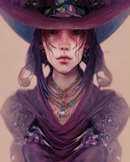 Image similar to portrait of a village witch, beautiful, fantasy, colorful, cinematic lighting, artstation, trending, highly detailed, focus, smooth, by hirohiko araki and yoshitaka amano