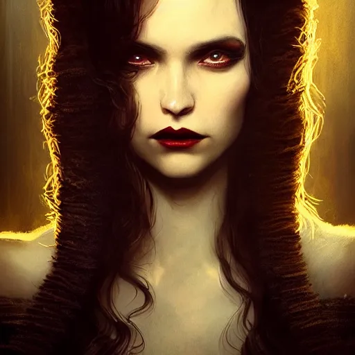 Prompt: portrait brunette vampire, Captivating, regal, high society, New Tales of the Vampires character, atmospheric lighting, painted, menacing, intricate, volumetric lighting, beautiful, rich deep colours masterpiece, golden hour, sharp focus, ultra detailed, by Leesha Hannigan, Ross Tran, Thierry Doizon, Kai Carpenter, Ignacio Fernández Ríos