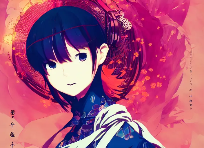 Image similar to yoh yoshinari editorial illustration colorful anime portrait of shiina ringo, murata range, manga, ilya kuvshinov, fine texture, detailed, matte colors, perfect anime face, cinematic dramatic lighting, film grain, dynamic composition, moody, vivid, volumetric, alphonse mucha, stippled lighting