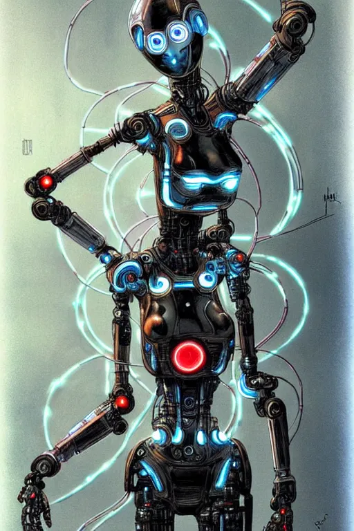 Prompt: a stunning robot woman with cybernetic enhancements, wires, led lights, glowing lights, futuristic, by jean baptiste monge